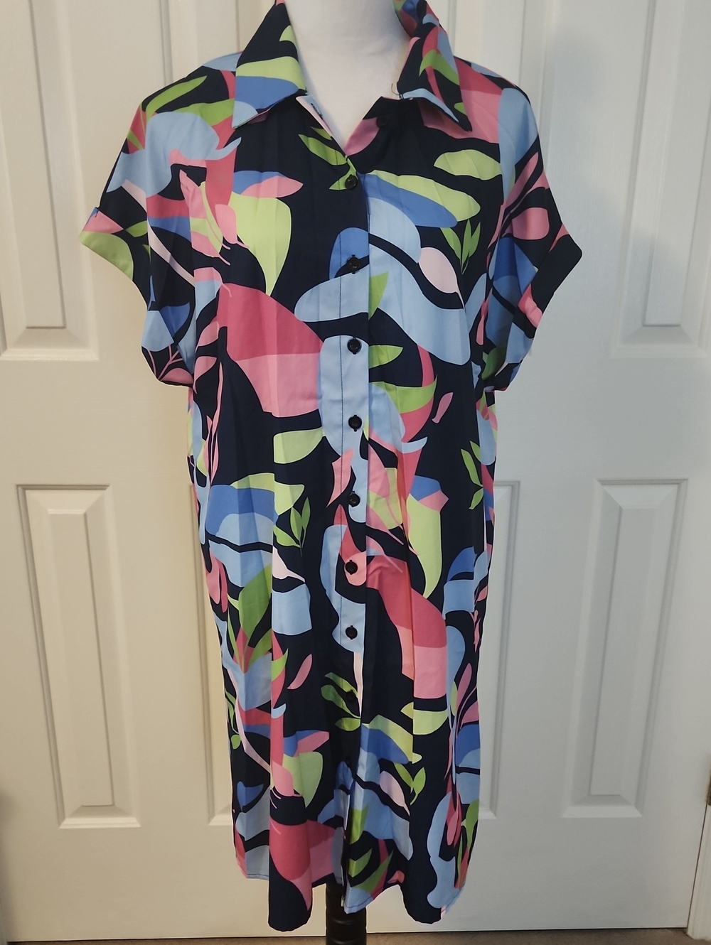 Button-Front Midi Shirt Dress in Multicolor Abstract Print